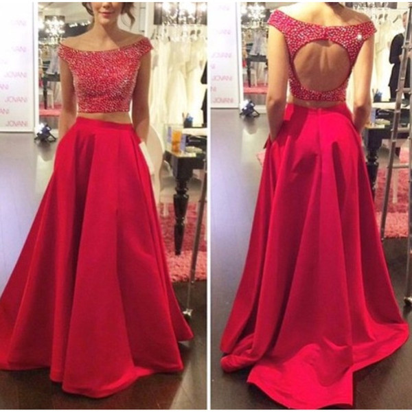 Real Photos Hot Sale Warmth Style Off-Shoulder Bateau Backless Evening Long Dresses With Beaded Prom Gowns