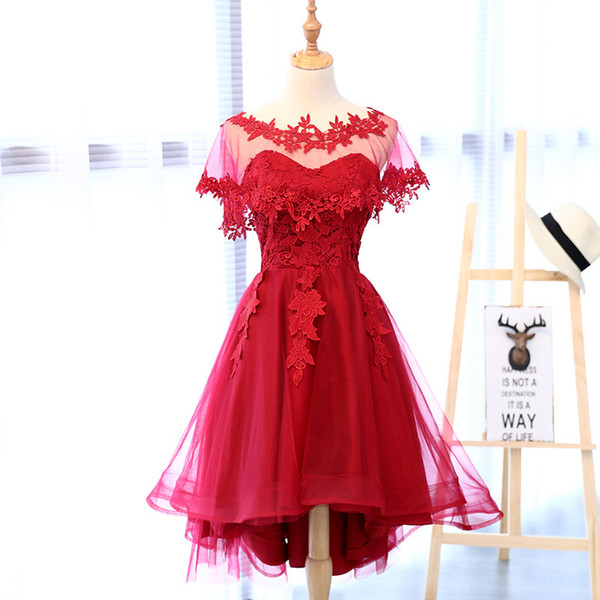 Real Photo In Stok Red Lace Sweetheart With Veil Asymmetrical Off The Shoulder Tea-Length Evening Dress Short Vestidos De Gala