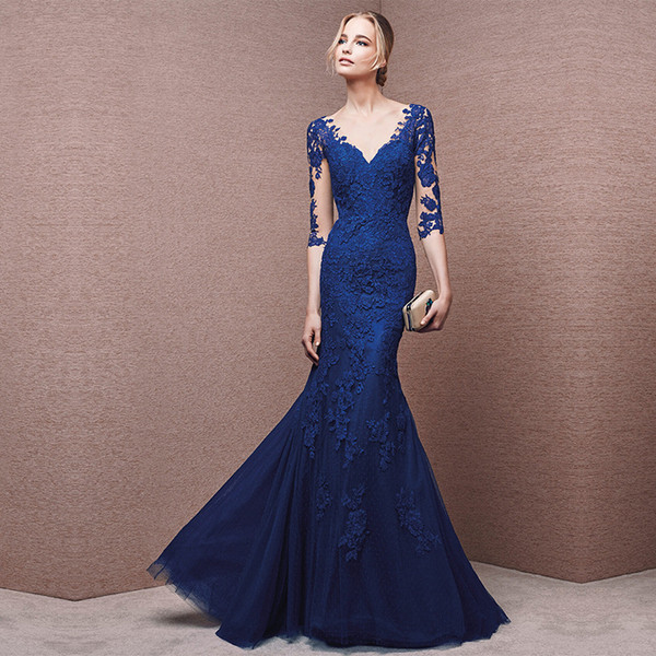 DH265 Half Sleeve Lace Blue Long Cheongsam Dresses Fashionable Mermaid Tail Chinese Style Evening Dress Party Dresses Wedding Dresses