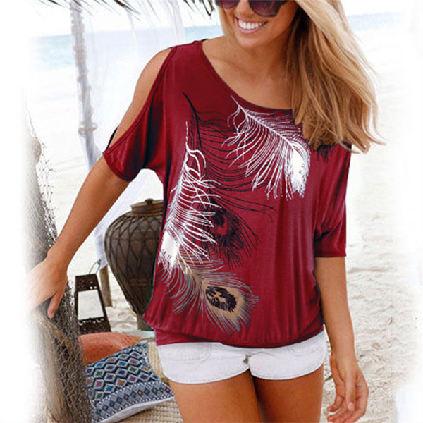 Vrouwen Zomer T-shirt Casual Korte Mouw Tops Tees Sexy Off Shoulder Feather Print T-Shirt O-hals Losse Plus Size 5XL shirts