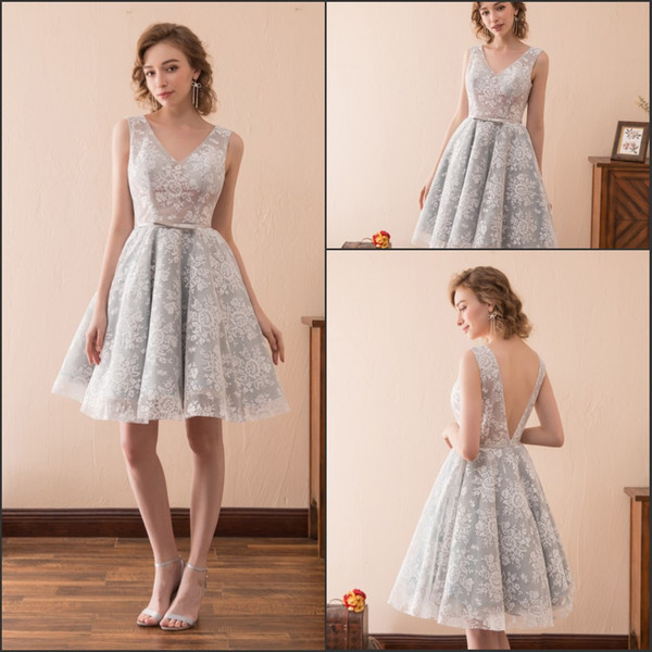 Beautiful Light Grey Lace Short Prom Dresses Gowns Club Wear Homecoming Knee Length V-Neck Stock 2-16 Tulle A-Line Party Dress Formal Ball