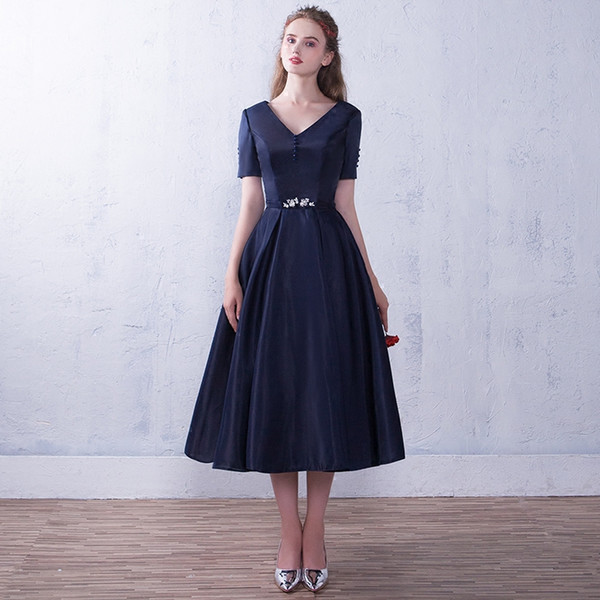 Real Photo Navy Blue Taffeta V-Neck Short Sleeves With Button Sash Crystal Backless Lace Up Ball Gown Tea Length Prom Party Dresses