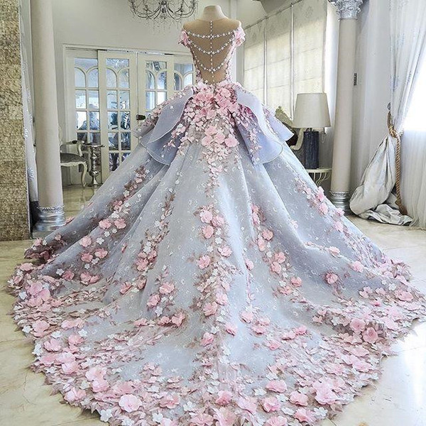 Charming Colorful Wedding Dresses Ball Gown 3D-Floral Appliques Flower Vintage Bling Backless Long Court Train Princess Bridal Gowns