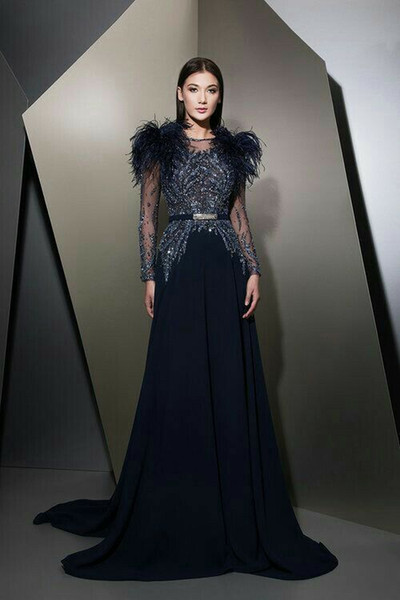 Evening dress A-Line Jewel Long Sleeve Black Chiffon Crystal Feather Sash Classic Customizable in any size Modern 1 Customizable