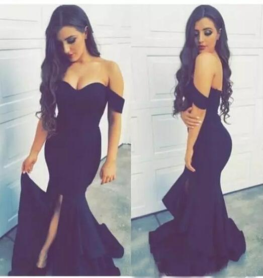 2017 Sexy Off The Shoulder Long Prom Dresses Mermaid Side Slit Arabic Black Satin Saudi Arabia Dubai Formal Evening Gowns With Ruffles Skirt