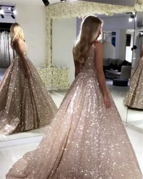 Gorgeous Rose Gold Sequined Prom Dresses Sparkle Sequin A-line Prom Gowns Sexy Backless Abiye Party Dress Robe De Soiree