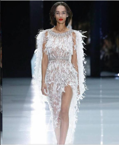 Evening dress Zuhair murad Silver Crystals Cape Sheath Split White Feather With cape Beyonce Beads Long dress Mermaid Sheath