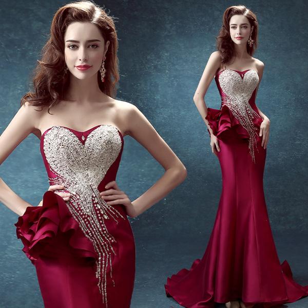 Rose Red Evening Dress Diamond Strapless Party Dress Mermaid Backless Long Night Dress Right Side With Flower Decoration Sexy Beauty Dresses