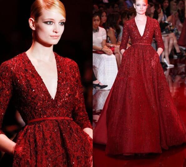 Gorgeous Elie Saab Red Noble Evening Dresses Celebrity Dresses Sequins Shining Deep V-neck Floor Length Long Sleeves Runway Formal Dress