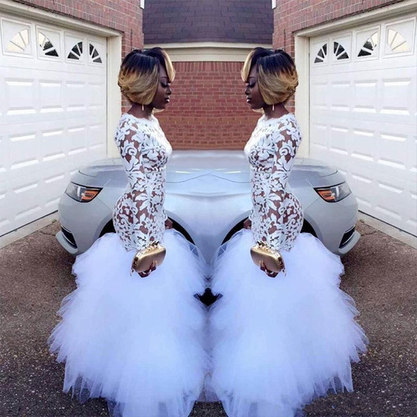 White African Lace Backless Long Sleeves Mermaid Evening Dresses Tulle Sweep Train Red Carpet Pageant Prom Dresses