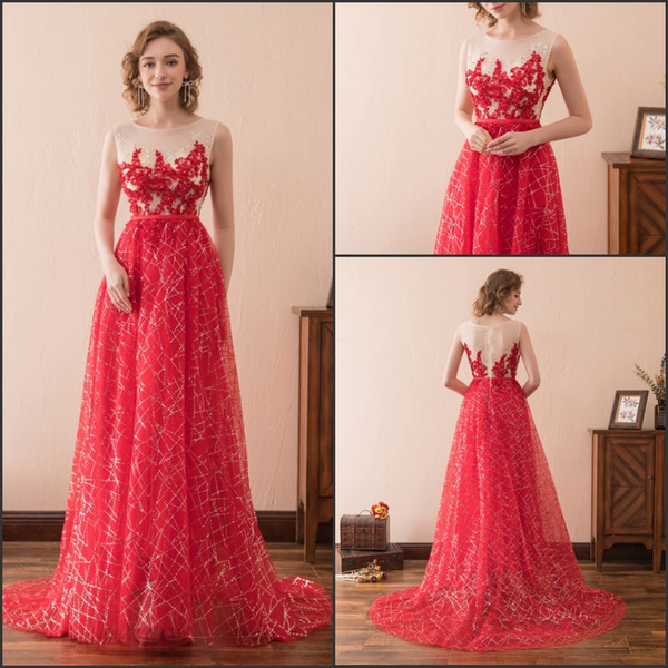 Stunning Sequins Red Evening Dresses Gowns Train Sleeveless Sheer Bling Cheap V-Neck Stock 2-16 Long Party Dress Prom Formal Pageant