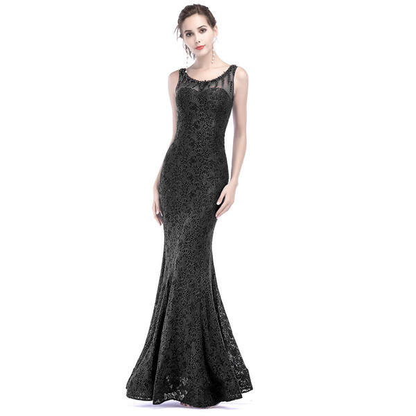 Black Lace Evening Dresses Scoop Beaded Sleeveless Mermaid Long Formal Evening Prom Gowns Plus Size Sheer Back Prom Gowns