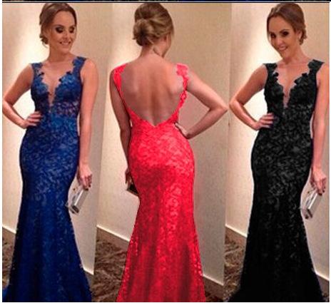 New Dresses Evening Wear Sexy Deep V-Neck Long Sleeves Appliques Lace Beaded Mermaid Long Formal Prom Dress Cocktail Party Gown