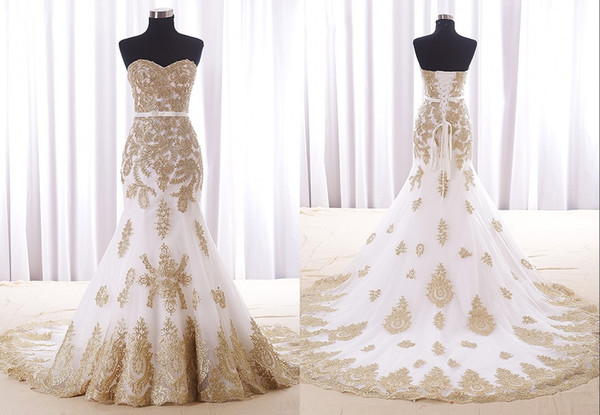 Sexy Mermaid White And Gold Wedding Dress Cheap Real Photos Sweetheart Chapel Train Applique Lace Bridal Dress For Women Girls New