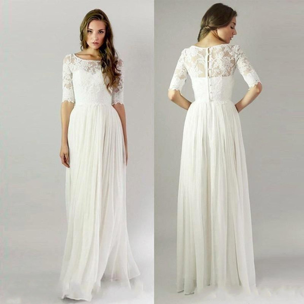 2016 cheap Beach Wedding Dresses Lace chiffon 1/2 Long Sleeve Bridal Gowns Sheer Neck Floor Length Simple Cheap Custom plus size holiday dre