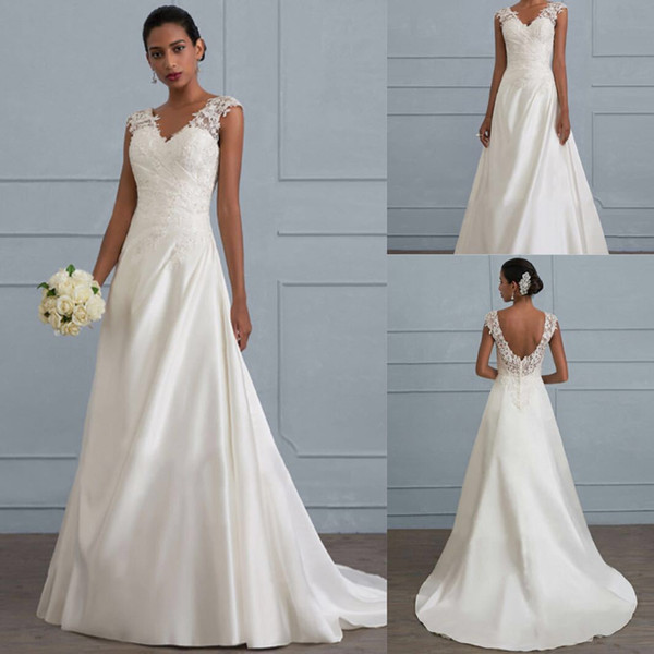 2019 Ivory Wedding Dresses White V Neck Backless Sleeveless Embroidered Court Train Length Romantic Princess Wedding Dresses