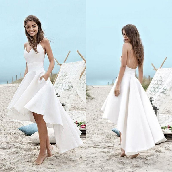 Summer Beach High Low Wedding Dresses Spaghetti Straps A Line Short Front Long Back Backless White Chiffon Vestidos De Novia