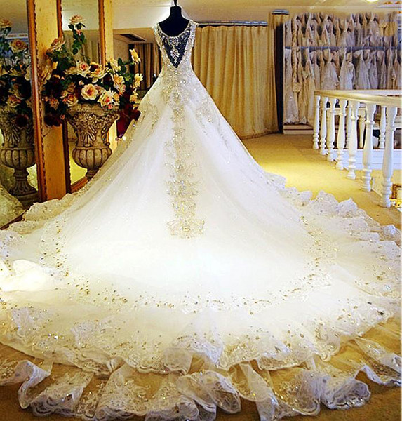 white gold wedding dresses 2017 Dubai wedding gowns crystal beaded cathedral train real photo bridal gowns