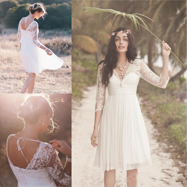 2017 Cheap Boho A-Line Short Beach Wedding Dresses Sheer 3/4 Long Sleeve V Neck Pleated Knee Length Chiffon Bridal Gown
