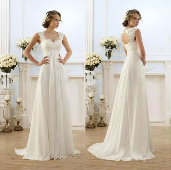2016 Simple A Line Chiffon Beach Wedding Dresses For Pregnant Women Capped Sleeves Keyhole Back Long Maternity Bridal Gowns Fast Delivery