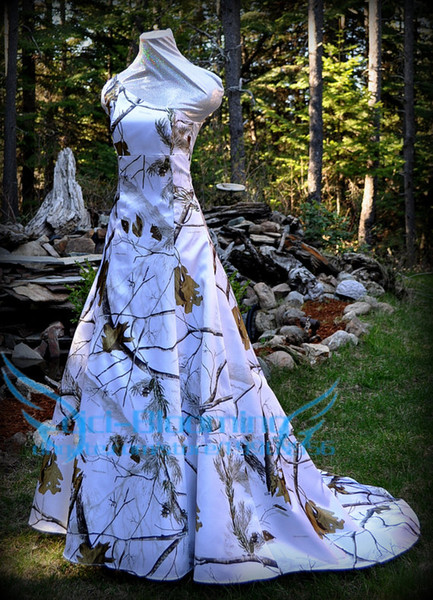 REALTREE Snow Camo Wedding Dress One Shoulder Court Train Lace-up Back Country CAMO Formal Gown 2017