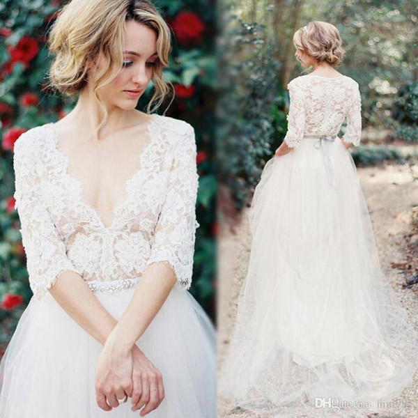 Sexy Deep V-neckline Half Sleeve Wedding Gowns 2017 High Quality Bridal Gown Ivory Summer Wedding dresses v-neckline Vestido De Novia
