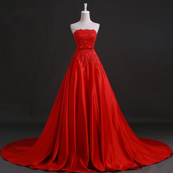 Brand New Wedding Dresses with Appliques Elegant Princess Formal Dress Gorgeous Strapless White/Ivory/Red A-Line Bridal Gown