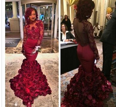 Romantic Red Evening Dress Mermaid With Rose Floral Ruffles Sheer Prom Gown With Applique Long Sleeve Prom Dresses With Bra Sweep Train
