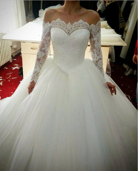 Extravagant Applique Long Ball Gown Wedding Dress Cap Long Sleeve With Lace Up Bridal Dresses Bride Dress