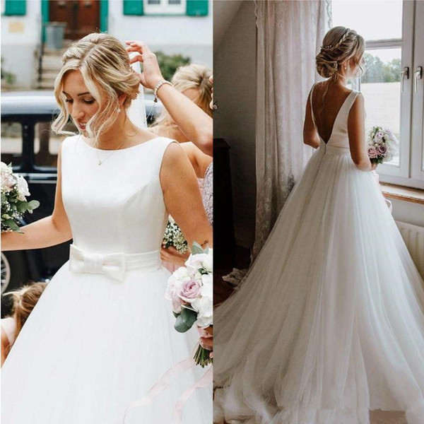 Simple A Line Tulle Beach Wedding Dresses With Bow Cheap Jewel Neck Sweep Train Vintage Wedding Bridal Gowns robe de mariée 