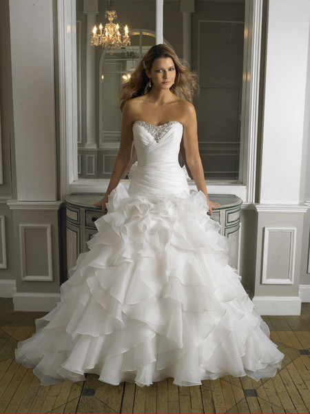 Puffy Wedding Dresses Drop Waist Fit Flare Organza Cascading Ruffles Wedding Gowns Sweetheart Neckline Pearls Beaded Bridal Gowns