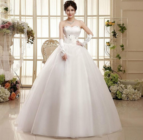 2018 New Wedding Gowns Ball Gown Floor-length Lace Up Strapless Cheap Beach Chapel Wedding Dresses for Bride with Crystal Detailing HS050