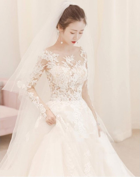 Main wedding dress New long-sleeved lace goes out light-tailed Mori bride Chaoxiansuzhou Street Hepburn Style