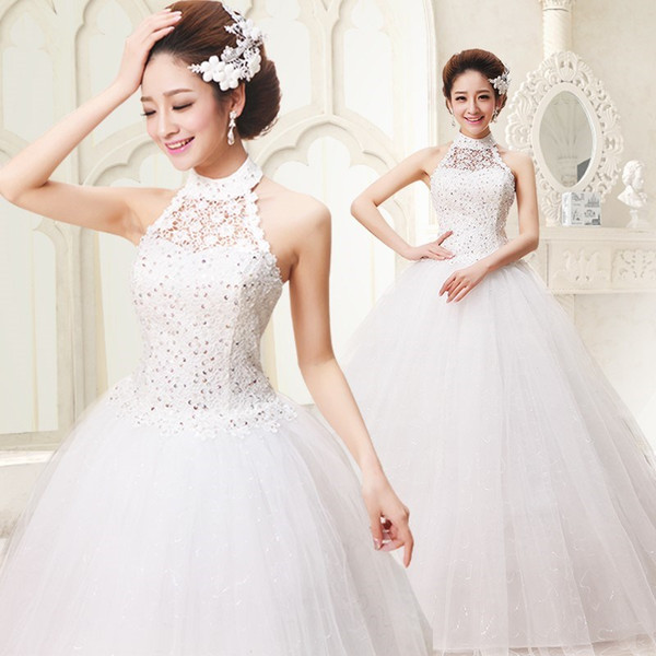 Halter Neck Tulle Ball Gown Wedding Dresses with Lace Appliques Floor Length Bridal Gown Lace Up Bride Dress