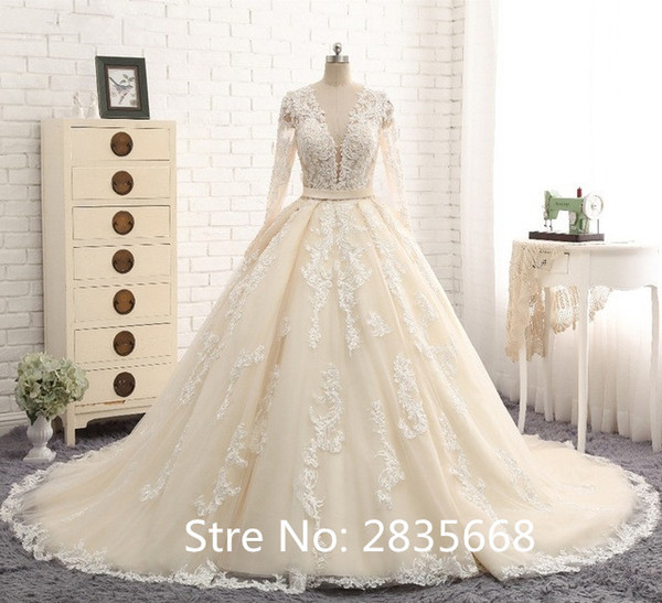 New Elegant Long Wedding Dress 2018 V-neck Long Sleeves Chapel Train Appliques Lace Tulle A-Line Bride Dresses Vestido de noiv