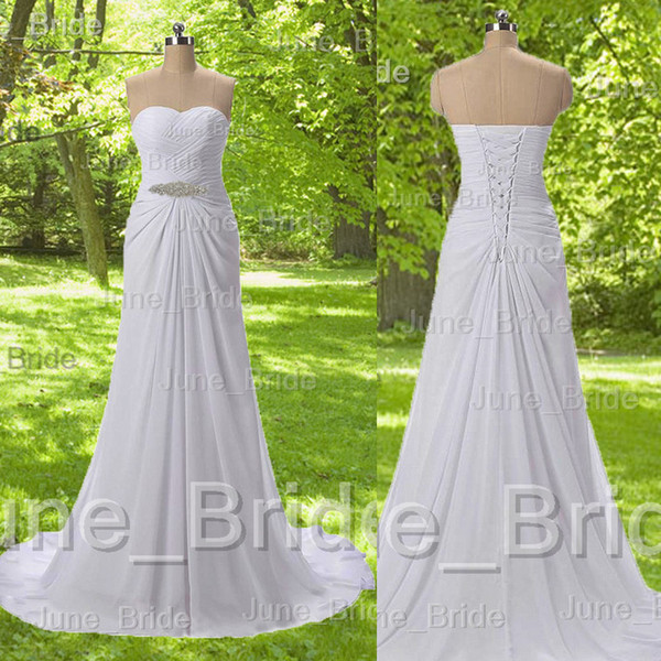 In Stock Vintage Simple Beach Chiffon Wedding Dress Sleeveless Sweetheart Pleated Elegant Sweep Train Bridal Dresses Gowns Cheap Under 100