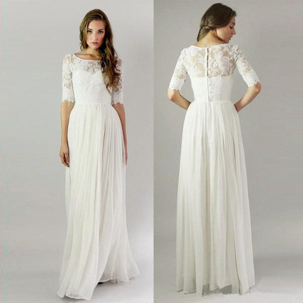 Summer vintage wedding dresses with half sleeves applique lace long chiffon bridal dress china scoop neck buttons back wedding gowns