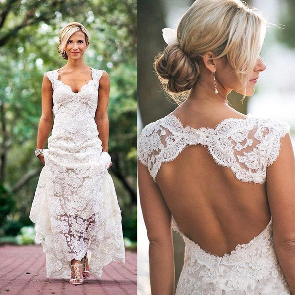 Full Lace beach Wedding Dresses Pluging V-neck floor length Cap Sleeves Keyhole Back A Line Vintage Custom Made Bridal Gowns