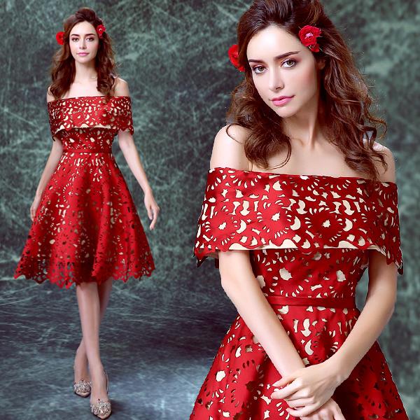 Wine red Bride Wedding Toast short wedding dinner party wedding dress hollow out embroidery party dress