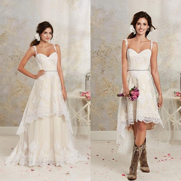 Beach Casual Wedding Dresses with Detachable Skirt Spaghetti Strap A Line Hi Low Ivory Lace Light Champagne Vestidos De Novia