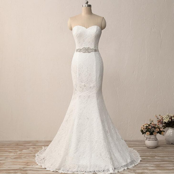 In Stock Elegant Lace Mermaid Wedding Dresses Cheap Beach Wedding Dress with Crystal Belt under $100 Vestidos de Noiva Robe de Mariage