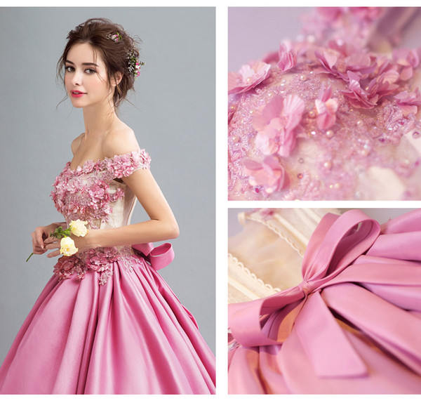 2017 New Arrival In Stock Wedding Dresses & Events Floor Length Formal Bateau Evening Gowns Lace & Satin Bow & Beaded Pink flowers Ball Gown