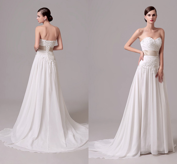 Chiffon Cheap Lace Wedding Dress With Applique Draped Ribbon A Line Sweep Train Back Corset Vestidos de Novia White Beach Bridal Gowns