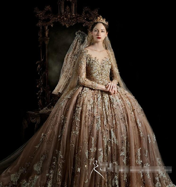 Royal house Vintage Long Sleeve Wedding Gowns 2017 High Quality Bridal Party Dress Big ball gown Gold Wedding dresses Lace Vestido De Novia