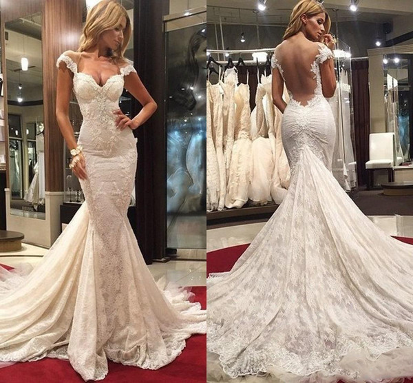 Fall Winter Sexy Mermaid Wedding Dresses Applique Beaded Lace Backless Style Floor Length Court Train Bridal Gowns