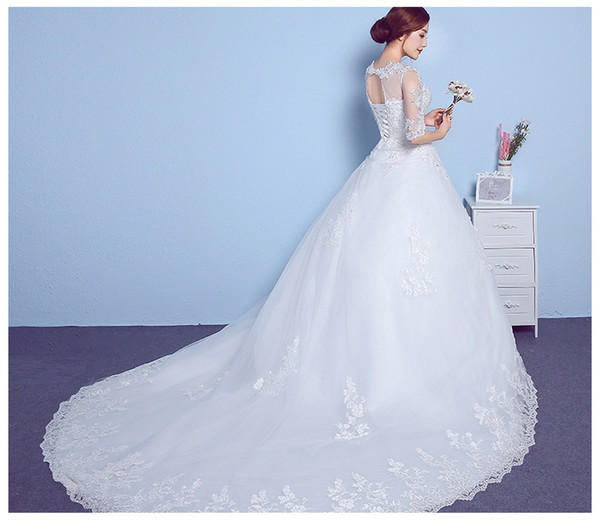 Wedding Dress Middle Sleeve Round Neck Trailing New Korean Style Simple Large Size Lace Maternity Wedding Dress