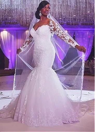 Hot Sale Plus Size Lace Wedding Dresses Mermaid Long Sleeve Off -Shoulder Sweetheart Lace-Up Beaded Vintage Wedding Gowns Vestidos De Noiva
