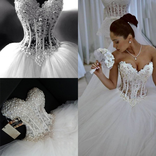 White multi-layer net, transparent, sexy bag, heart shaped collar, big Pearl Lace Applique, back tie,Weddings & Events cheap wedding dress