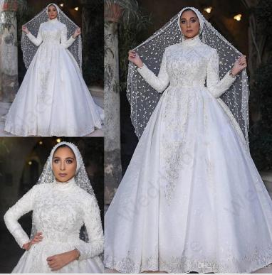Classic Lace Muslim Wedding Dresses Long Sleeve High Neck Appliqued Long Sleeves Lace Bridal Gowns A Line Sweep Train Vestido De Novia