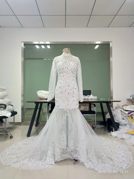 In Stock High Neck Wedding Dresses with Illusion Long Sleeve Mermaid Crystal Bead Lace Appliques Tulle Bridal Gown with See Through Back